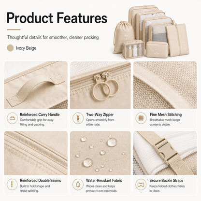 JourneyPack Travel Organizer Set ivory beige product features for organized suitcase packing