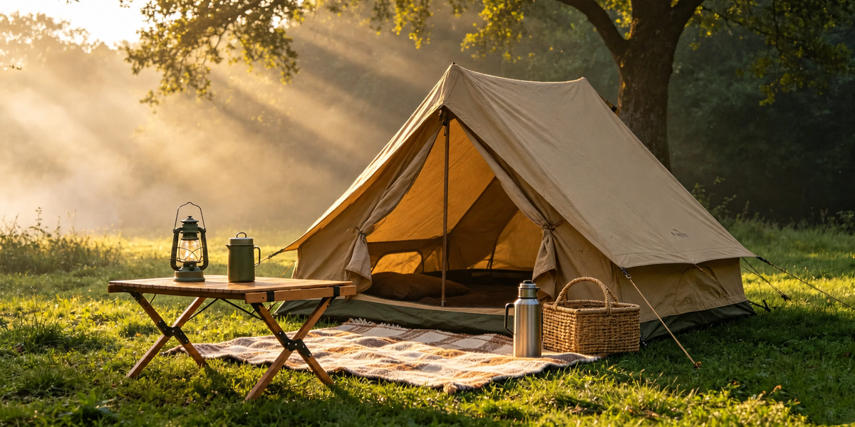 Een rustige, goed geplande campingplek in het avondlicht