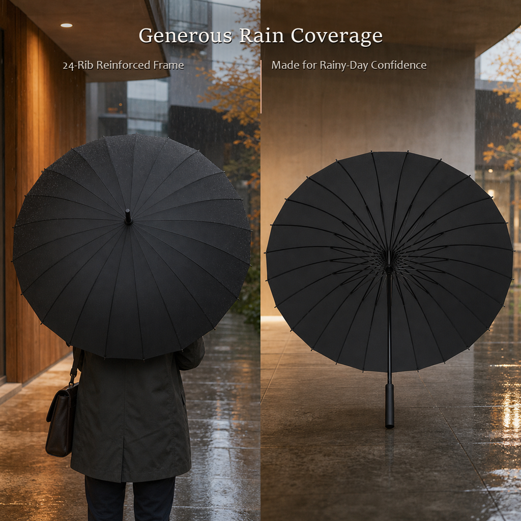 Split view of the RainSpan automatic umbrella in classic black from above and underneath, showing the 24-rib canopy coverage in the rain.
