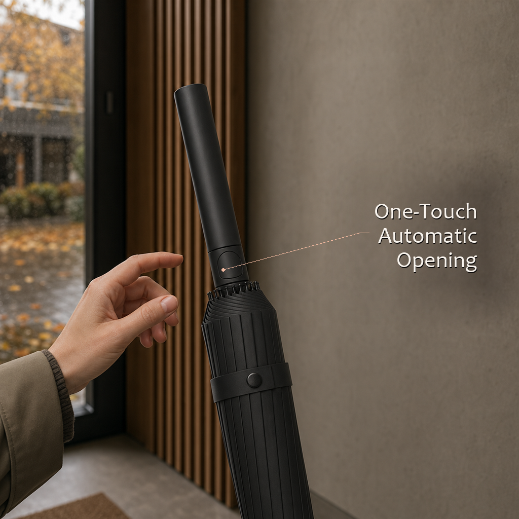 Hand pressing the button on a closed RainSpan automatic umbrella in classic black beside a window on a rainy day.