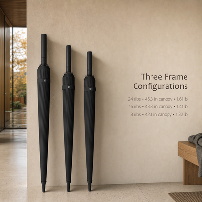 Three closed RainSpan umbrellas in classic black leaning against a wall, with text listing 24, 16, and 8 rib frame configurations.