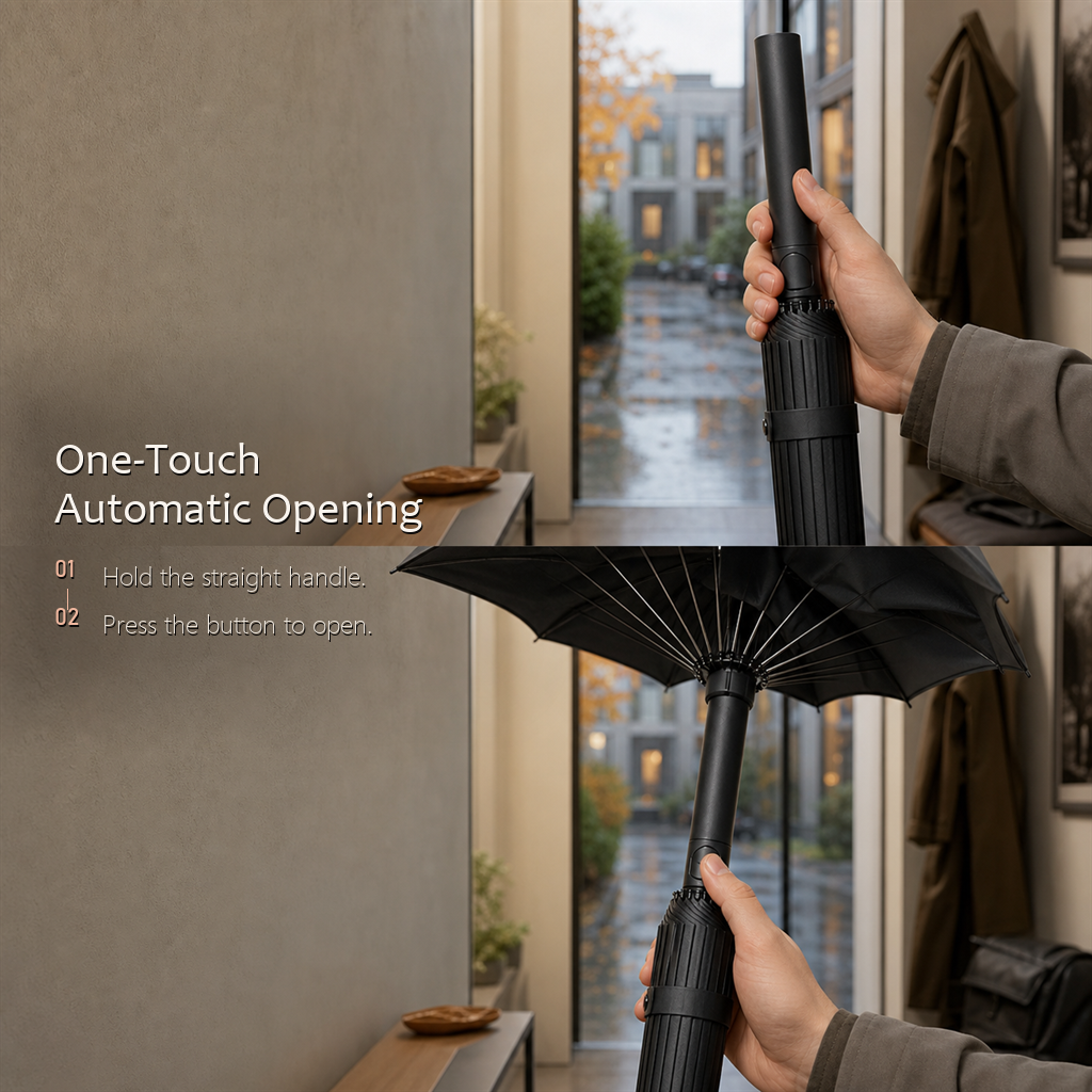 Two-step guide showing a hand holding the closed RainSpan automatic umbrella in classic black and pressing the button to open it indoors.