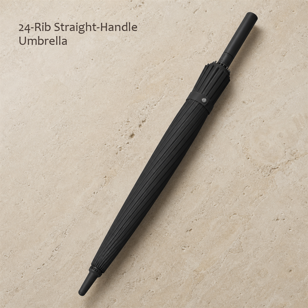 RainSpan automatic umbrella in classic black, closed and laid diagonally on a beige stone floor.