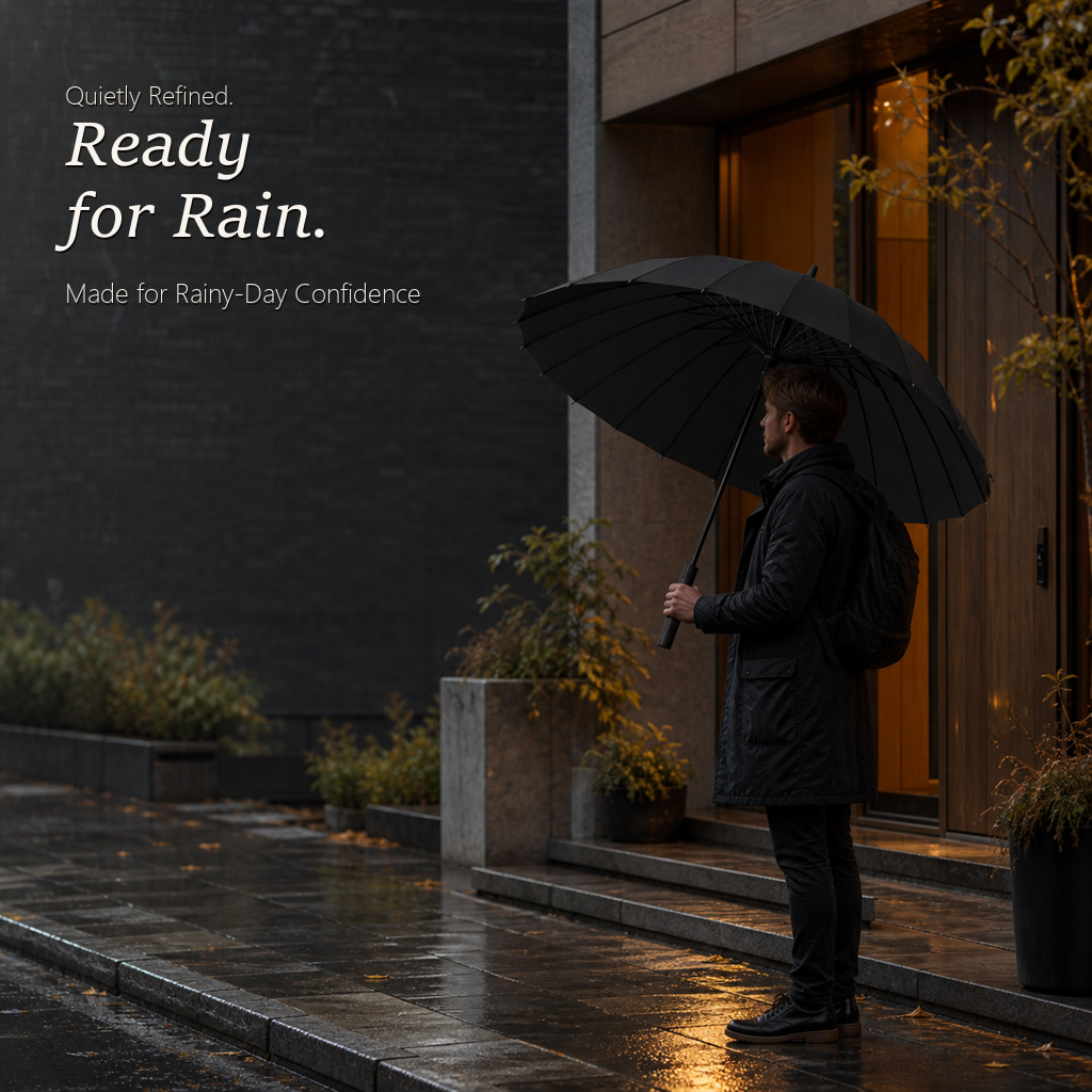 Man standing under an open RainSpan automatic umbrella in classic black outside a building entrance on a rainy night.