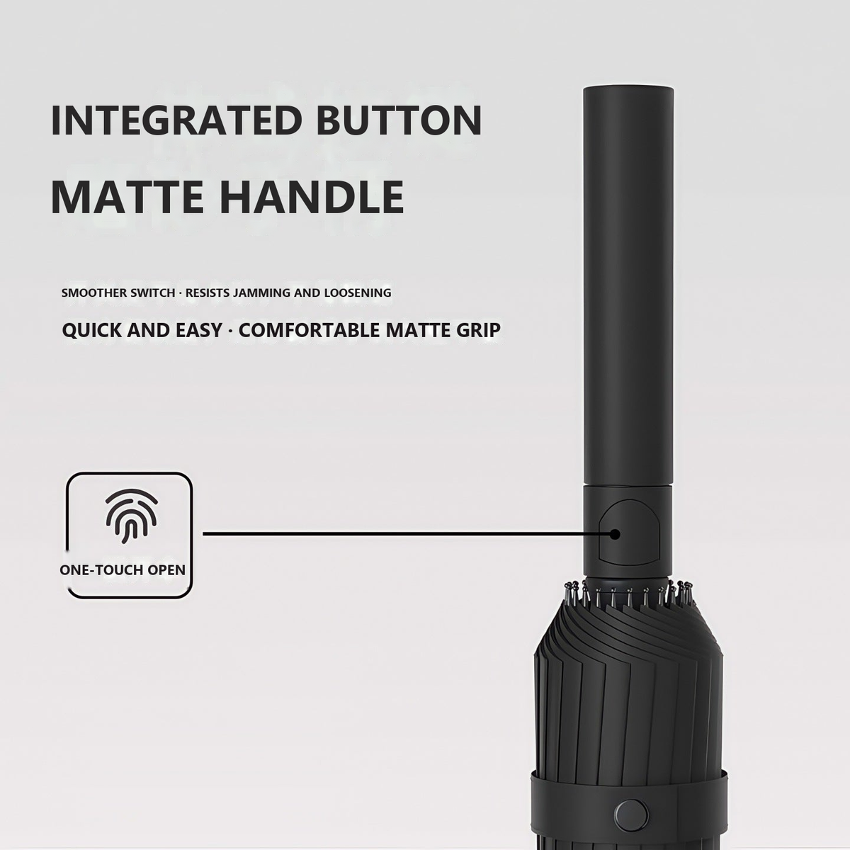 Close-up of the matte handle and integrated button on the closed RainSpan automatic umbrella in classic black with a one-touch open callout.