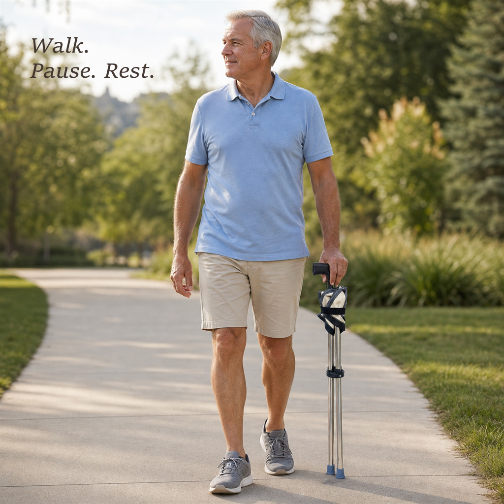 RestStep folding cane seat in beige, man walking with folded cane on a park pathway.