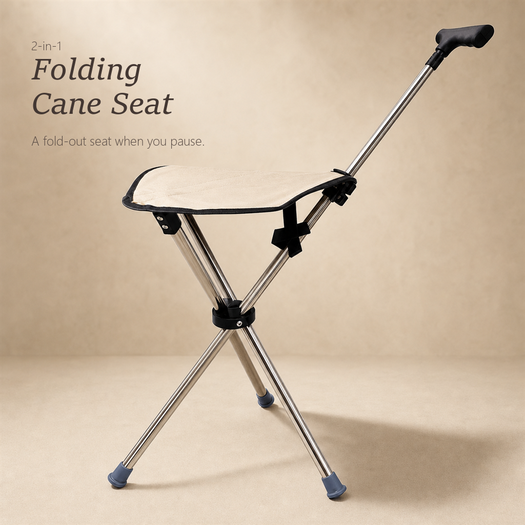 RestStep folding cane seat in beige, unfolded seat displayed at an angle on a neutral background.
