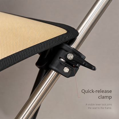 RestStep folding cane seat in beige, close-up of quick-release clamp joining seat to pole.