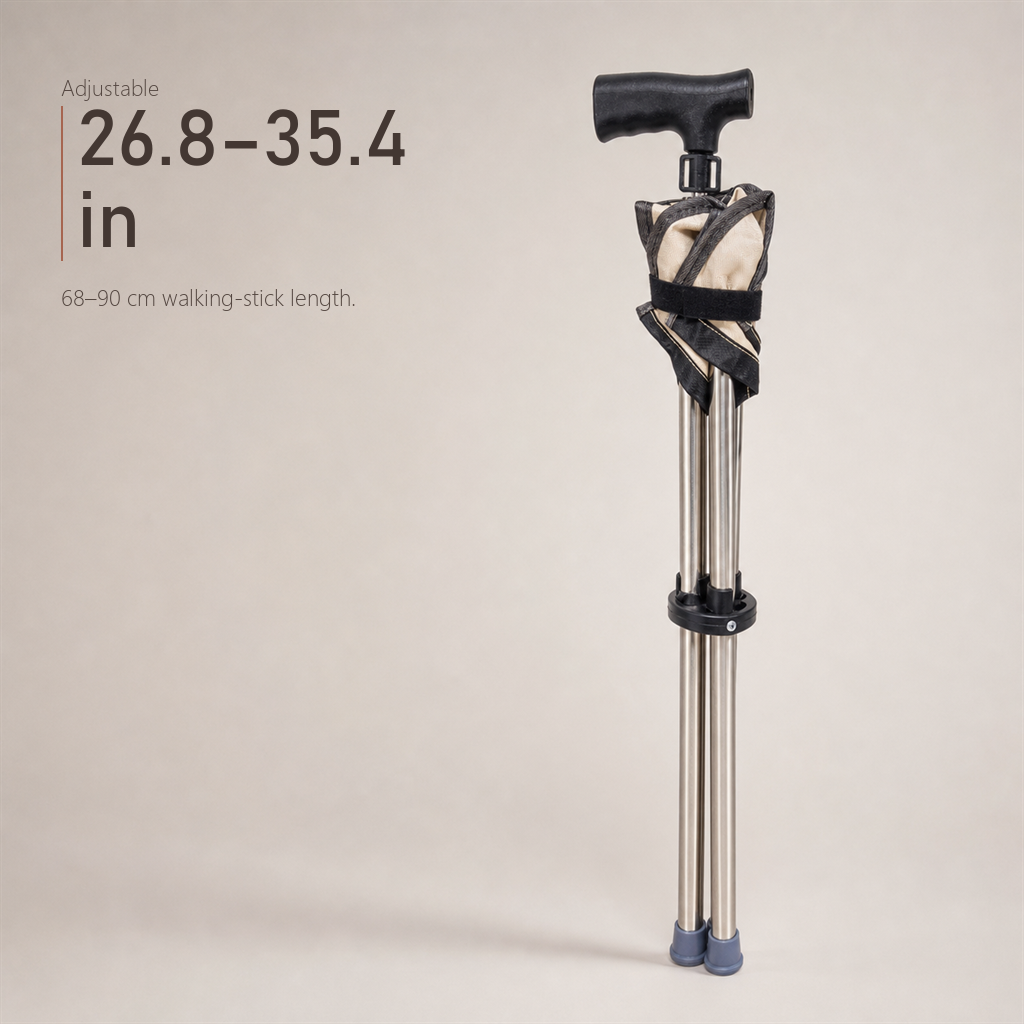 Specification chart for RestStep cane seat in beige, folded cane with adjustable height callouts.