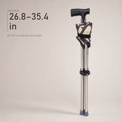 Specification chart for RestStep cane seat in beige, folded cane with adjustable height callouts.