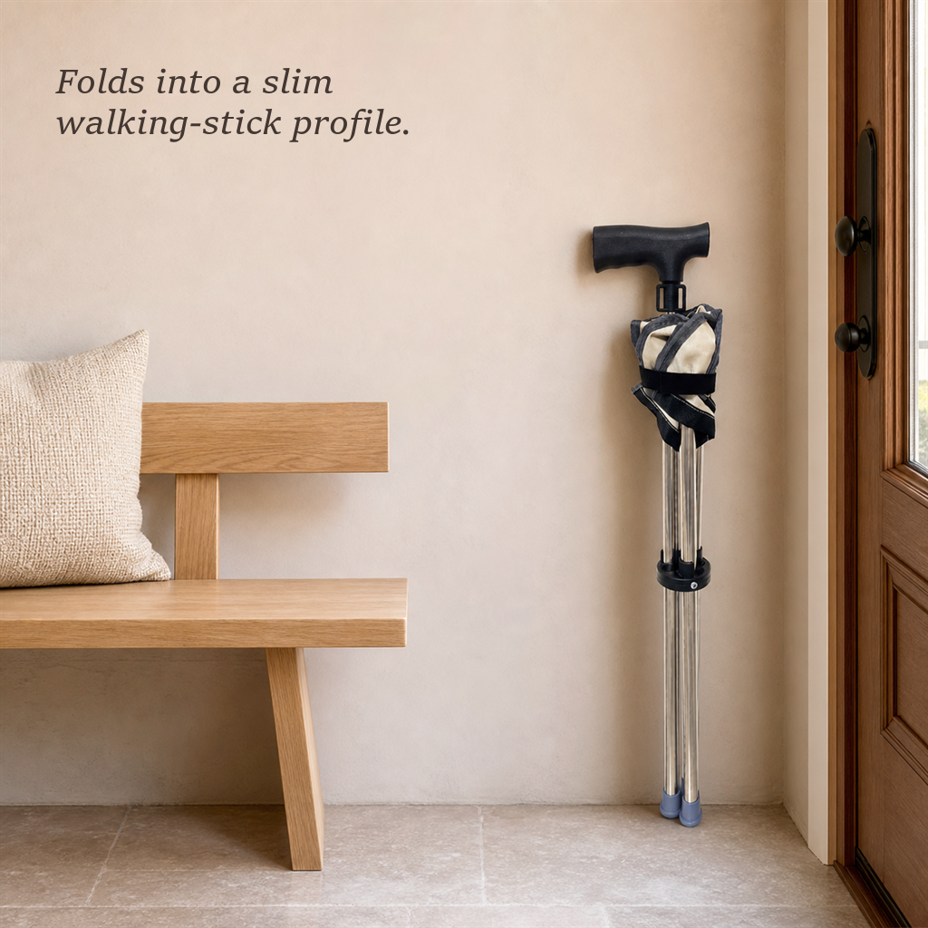 RestStep folding cane seat in beige, folded cane standing beside a wooden bench and door.