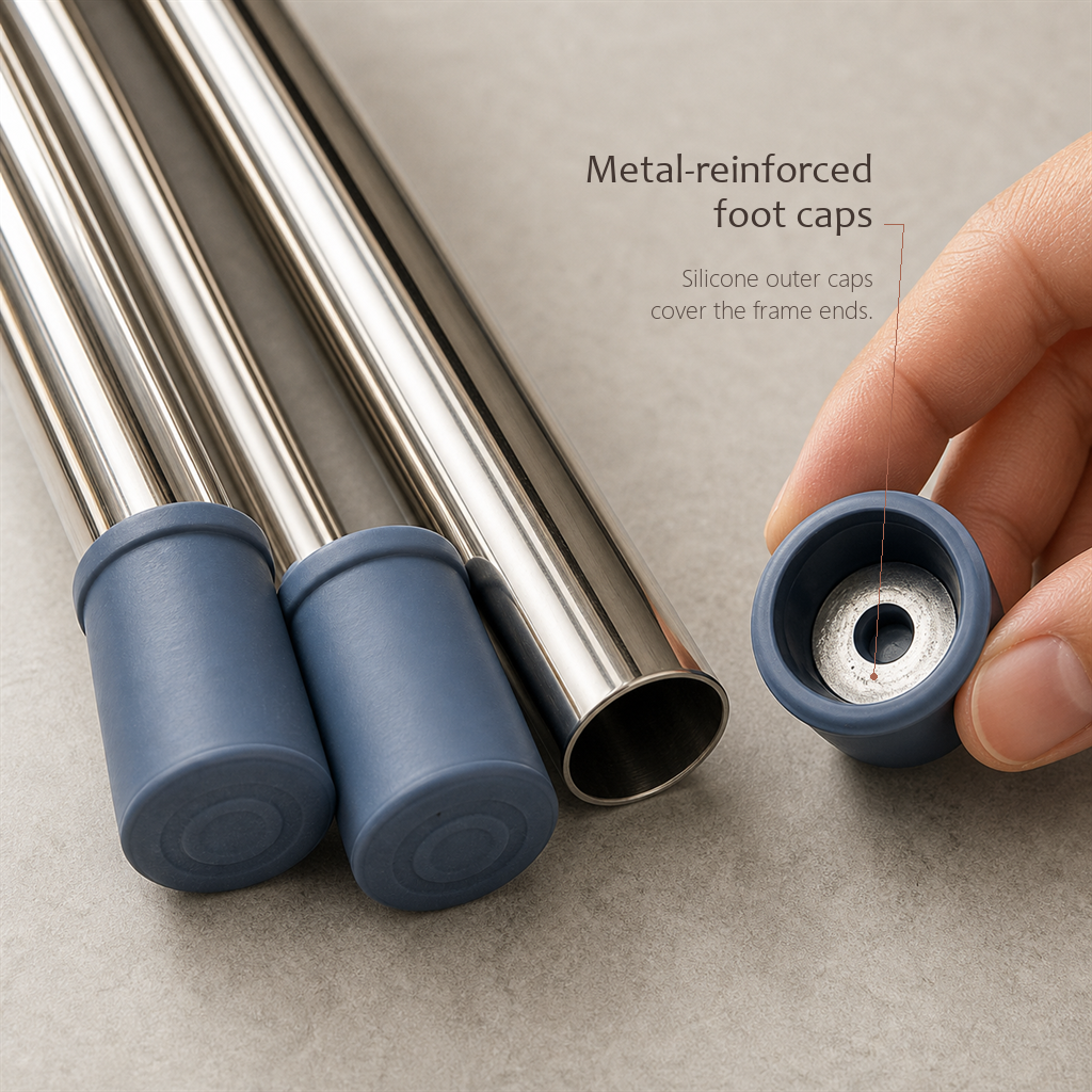 RestStep folding cane seat in beige, close-up of blue rubber foot caps with metal inserts.