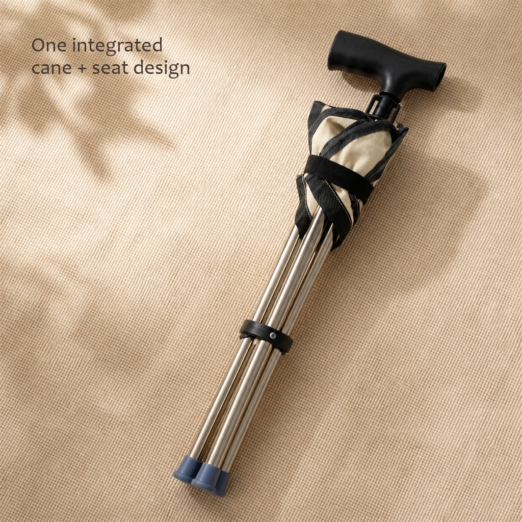 RestStep folding cane seat in beige, folded cane lying flat on textured beige fabric.