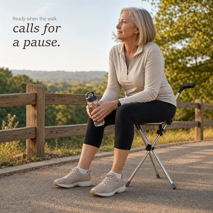 RestStep folding cane seat in beige, woman seated on unfolded seat outdoors on a paved path.