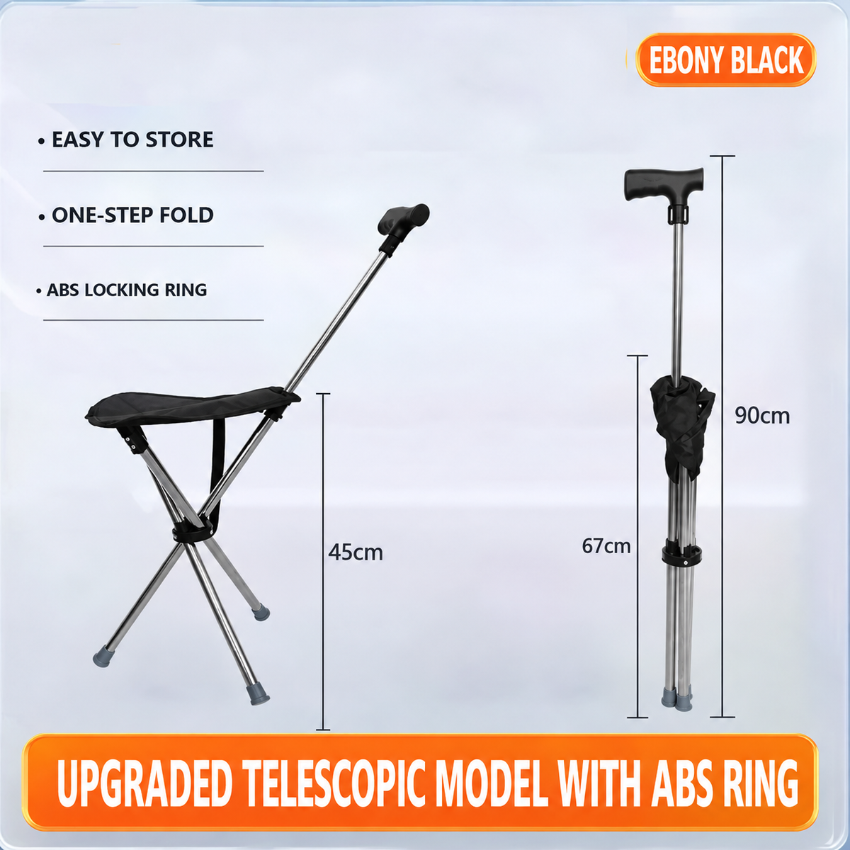 Specification chart for the RestStep folding cane seat in ebony black, open seat at 45 cm and folded cane standing 67 to 90 cm.