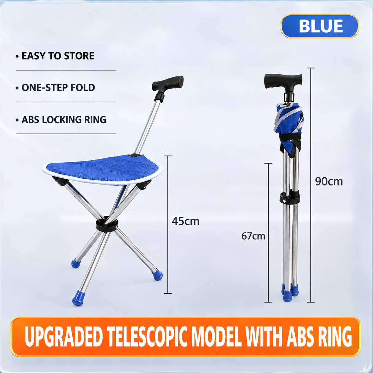 Specification chart for the RestStep folding cane seat in blue, open seat at 45 cm and folded cane standing 67 to 90 cm.
