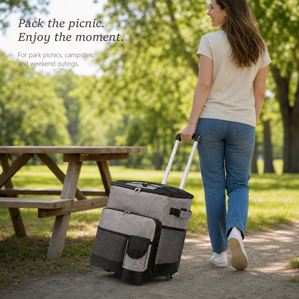 RollChill gray rolling cooler on its trolley being wheeled along a park path.
