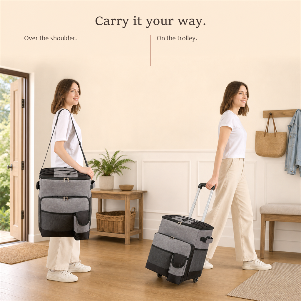 RollChill gray rolling cooler carried over the shoulder and rolled on its trolley.