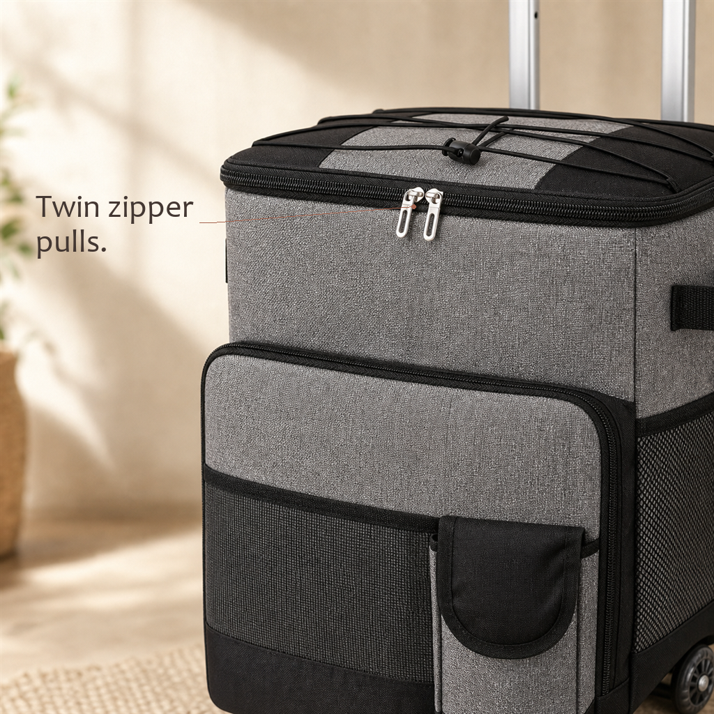 Close-up of RollChill gray rolling cooler showing twin zipper pulls and front pockets.