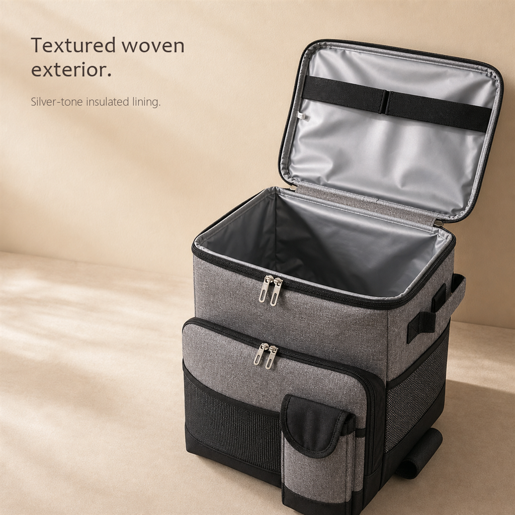 RollChill gray rolling cooler open to show the empty silver-tone insulated interior.