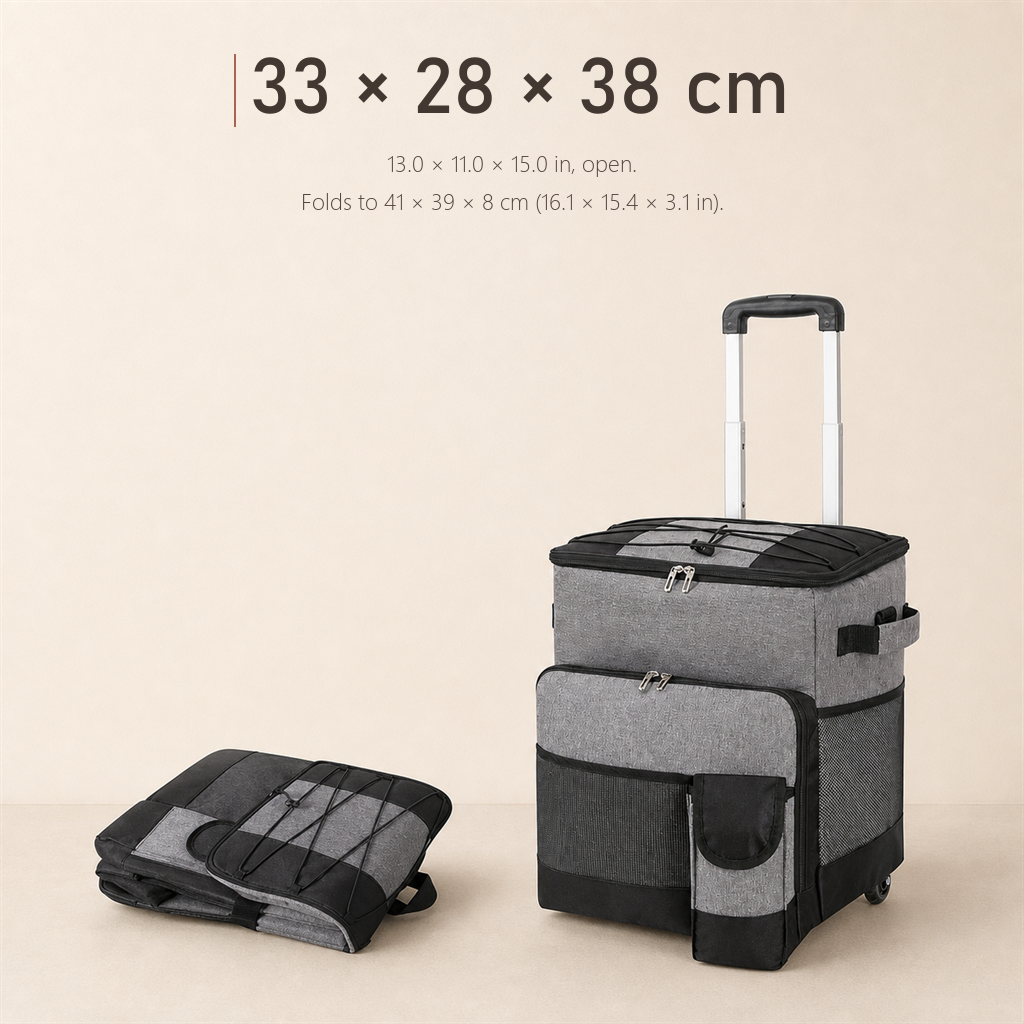 RollChill gray rolling cooler on trolley next to the folded bag with dimensions shown.