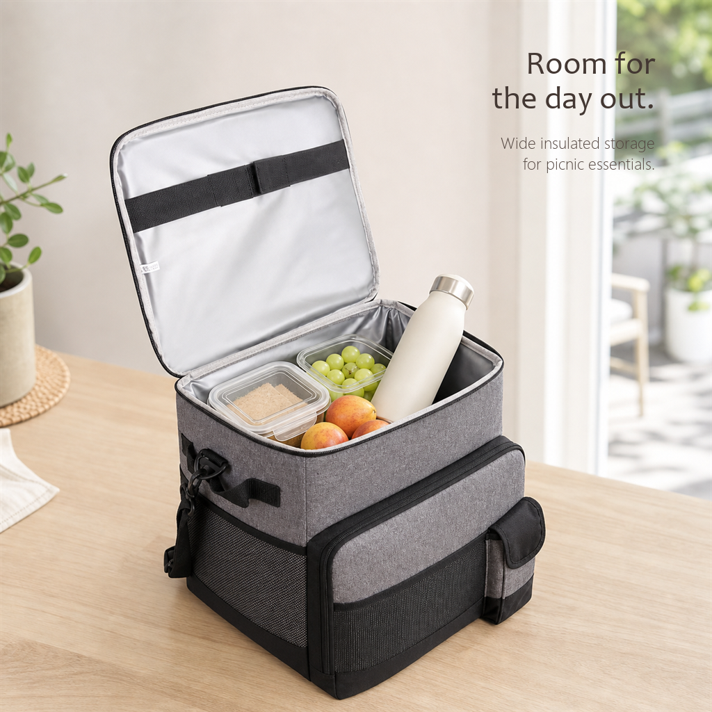 RollChill gray rolling cooler bag open, showing food containers, fruit, and a bottle inside.