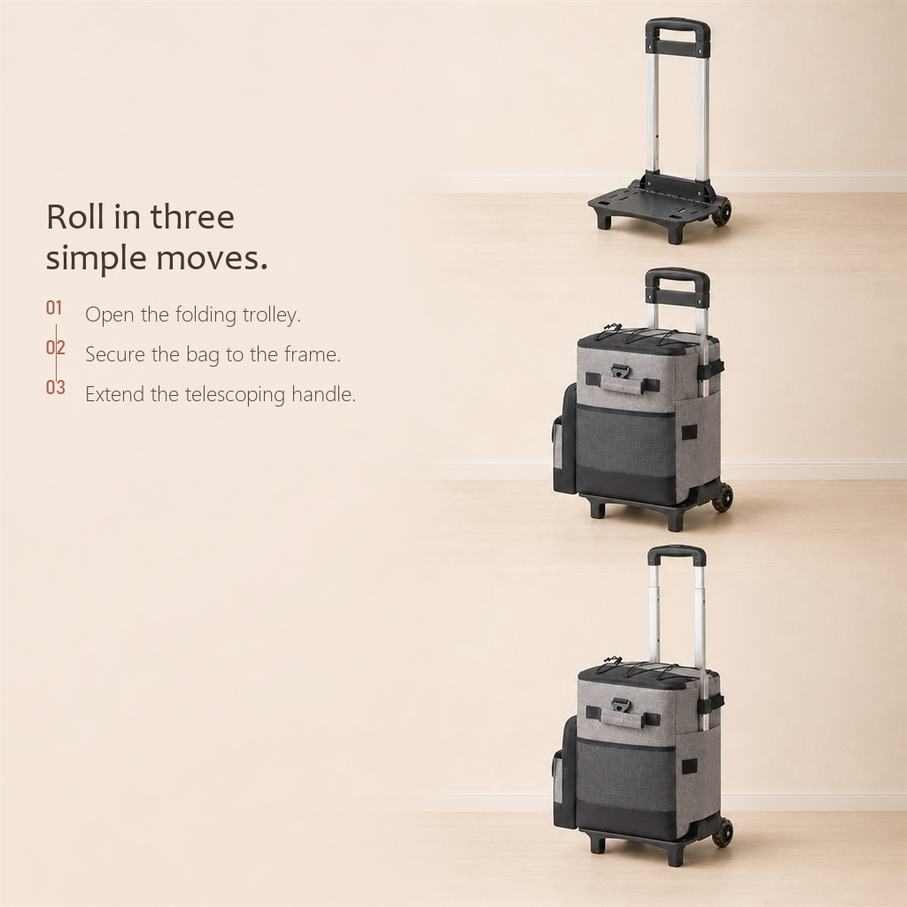 Infographic showing how to attach the RollChill bag to the folding trolley in three steps.