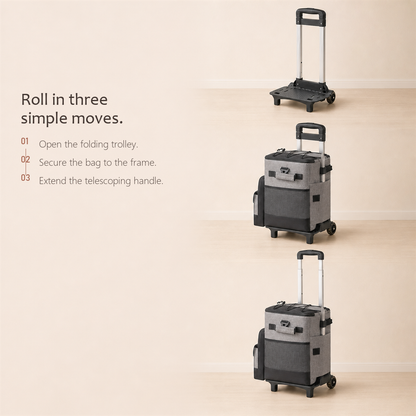 Infographic showing how to attach the RollChill bag to the folding trolley in three steps.