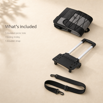 RollChill gray cooler, folding trolley frame, and shoulder strap laid out as included items.