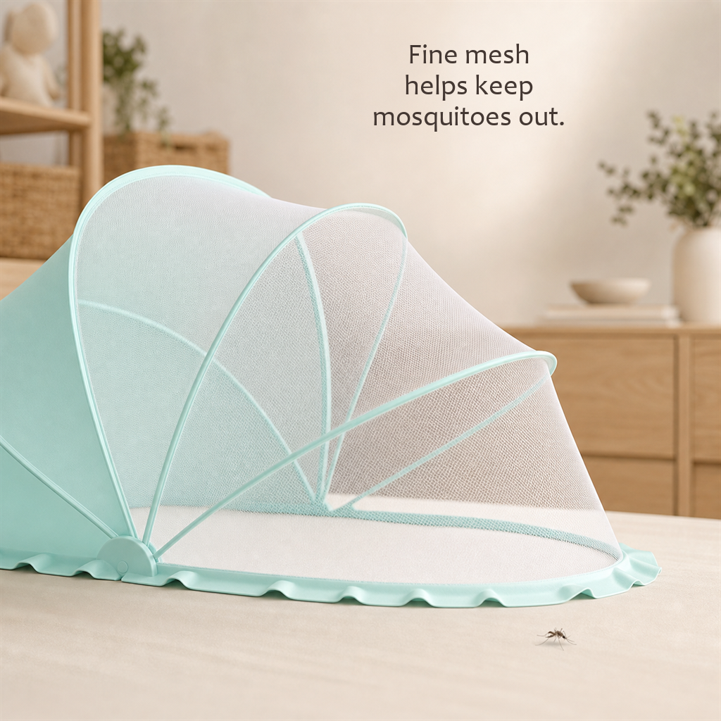 SleepVeil mint green pop-up canopy on a rug showing one integrated net with attached light-filtering canopy.