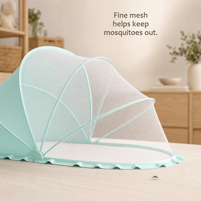 SleepVeil mint green pop-up canopy on a rug showing one integrated net with attached light-filtering canopy.