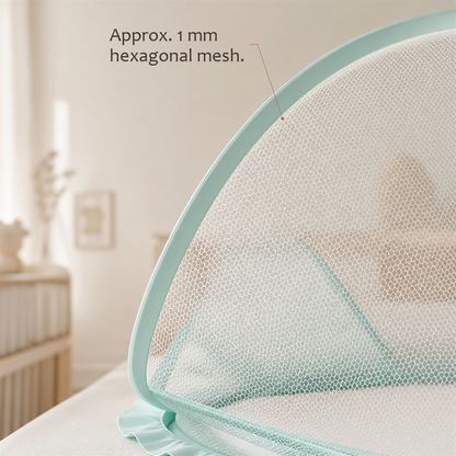 Close-up of SleepVeil canopy mesh and mint frame with callout noting approx. 1 mm hexagonal mesh.