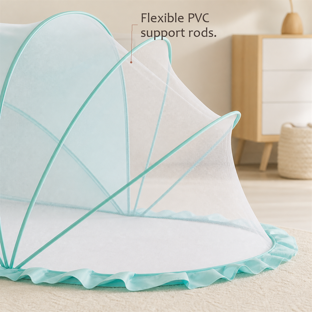 Close-up of the SleepVeil mint green canopy frame with callout pointing to flexible PVC support rods.