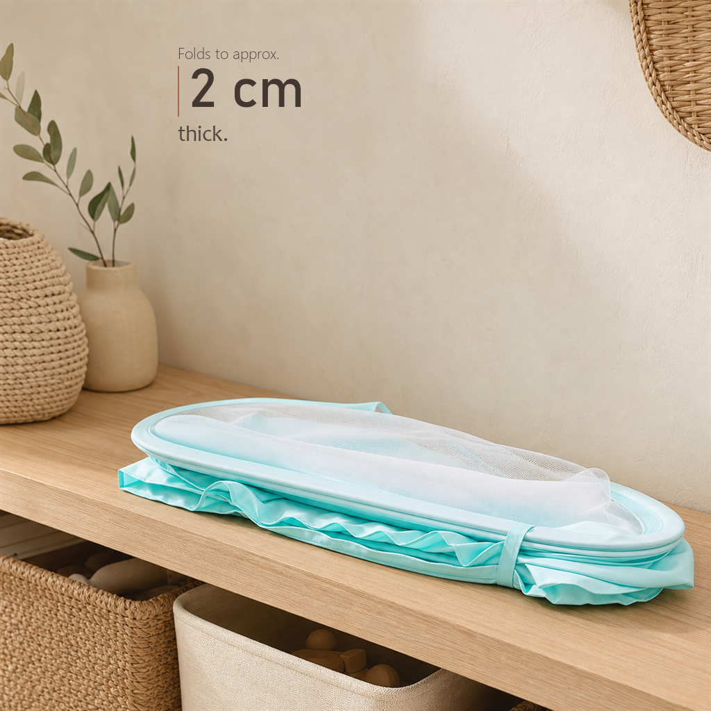 SleepVeil mint green mesh canopy folded flat on a wooden shelf, labeled folds to approx. 2 cm thick.