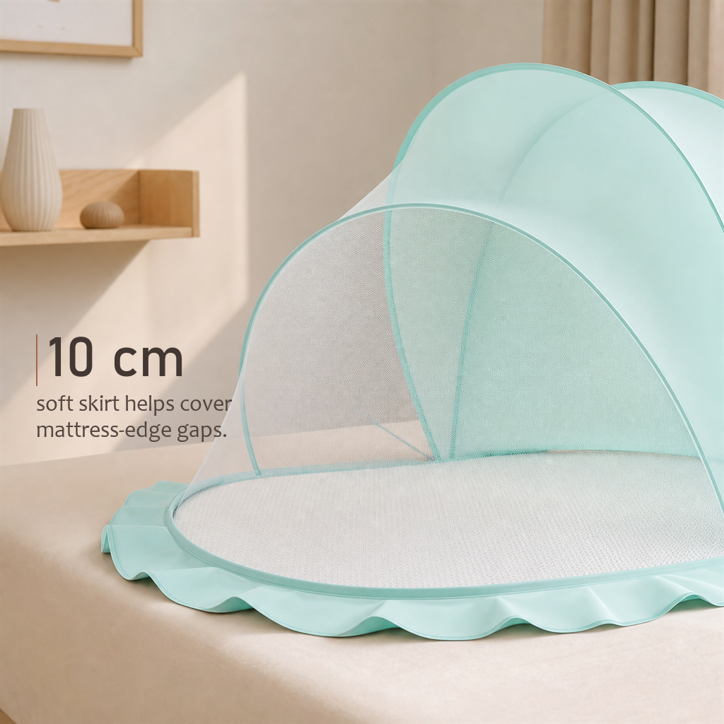 Close-up of the SleepVeil mint green canopy skirt on a mattress edge with a 10 cm skirt measurement callout.