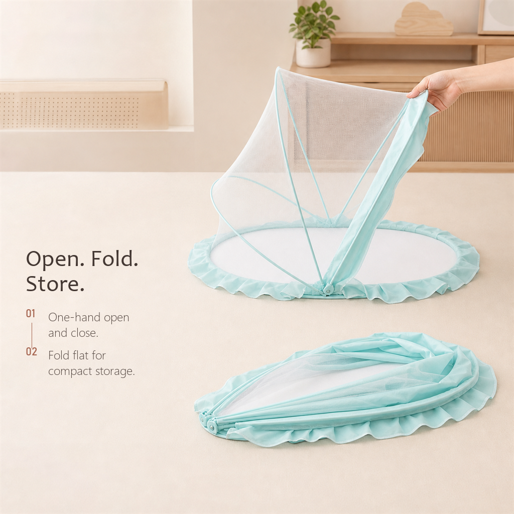 SleepVeil mint green mesh canopy shown open and folded flat, demonstrating one-hand fold for compact storage.