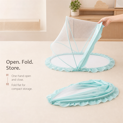 SleepVeil mint green mesh canopy shown open and folded flat, demonstrating one-hand fold for compact storage.