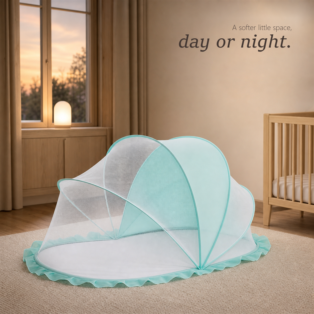 SleepVeil pop-up baby mosquito net with light-filtering mint green canopy set on a nursery floor.