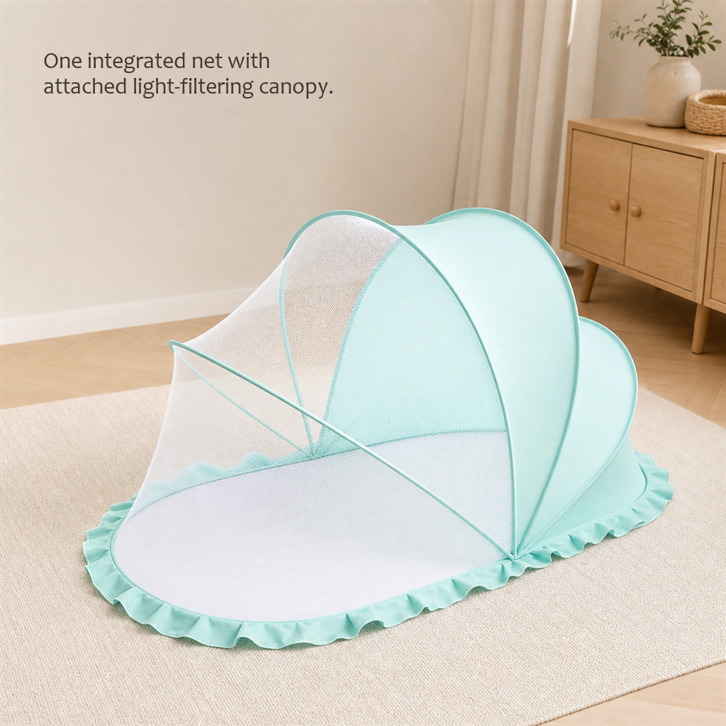 Close-up of SleepVeil mint green canopy mesh over a bed with text saying fine mesh helps keep mosquitoes out.