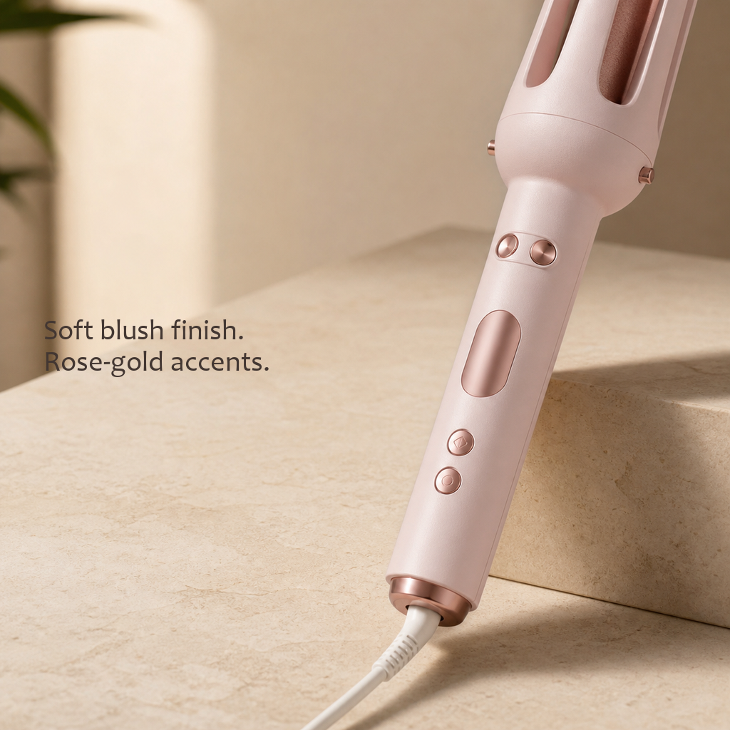 StyleOrbit hair styler in pink at an angle on a beige stone surface, showing its blush finish and rose-gold buttons.