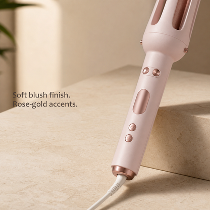StyleOrbit hair styler in pink at an angle on a beige stone surface, showing its blush finish and rose-gold buttons.