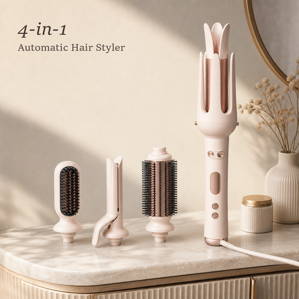 StyleOrbit multi-head hair styler in pink standing on a marble vanity with its three extra heads lined up beside it.
