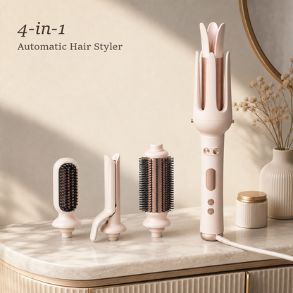 StyleOrbit multi-head hair styler in pink standing on a marble vanity with its three extra heads lined up beside it.