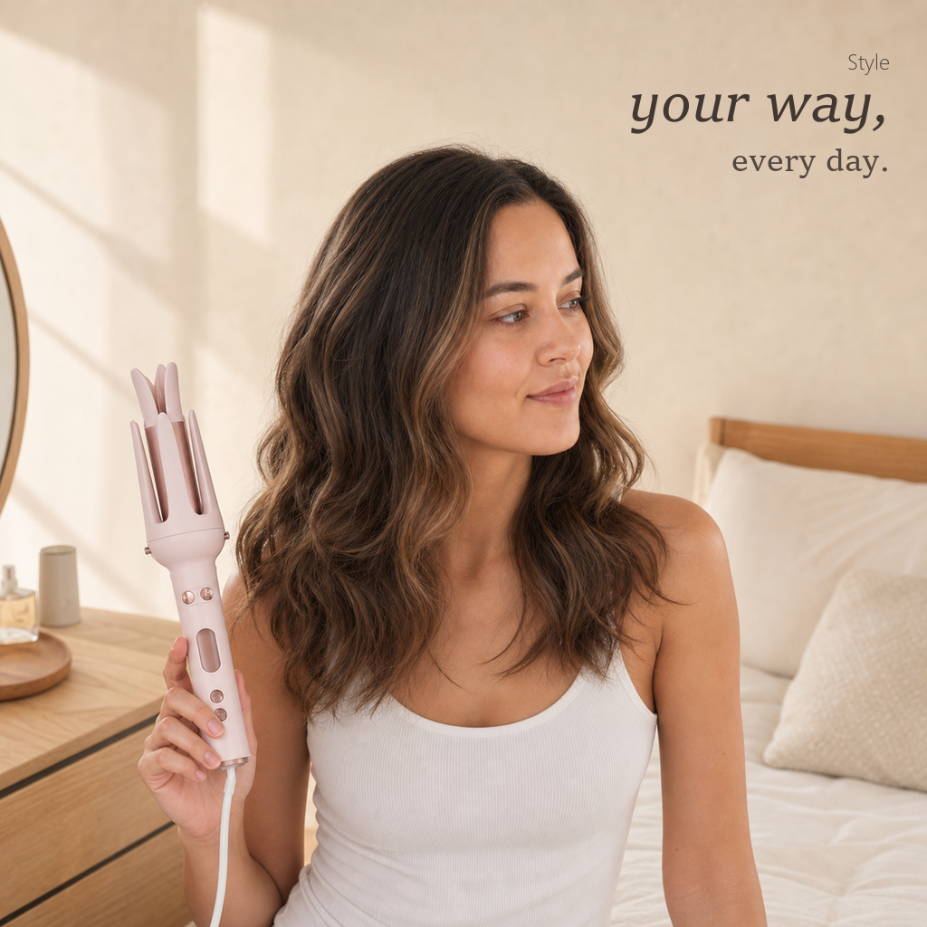 StyleOrbit hair styler in pink held by a model with soft waves, seated on a bed with the curl head attached.