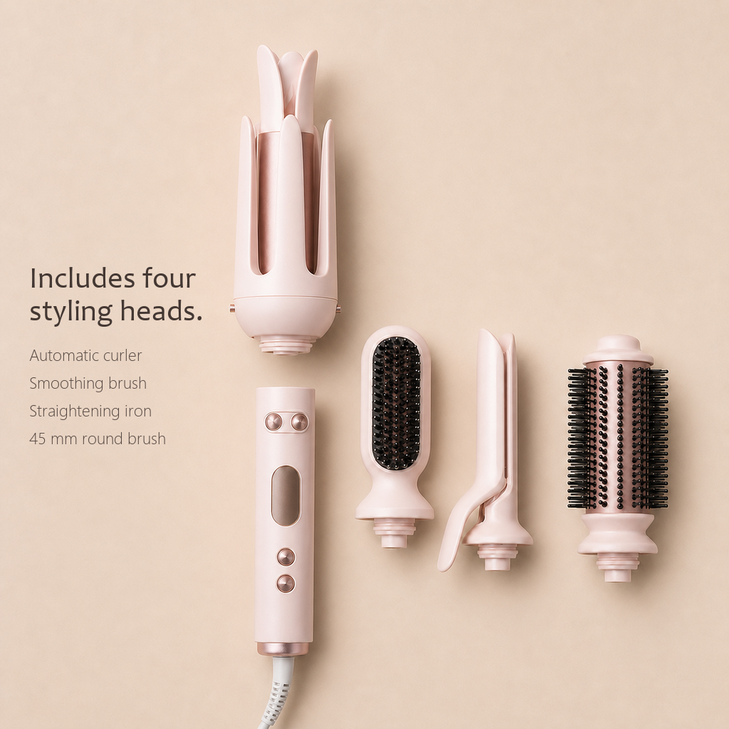 StyleOrbit hair styler in pink with four heads: automatic curler, smoothing brush, straightening iron and round brush.