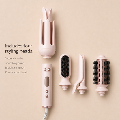 StyleOrbit hair styler in pink with four heads: automatic curler, smoothing brush, straightening iron and round brush.