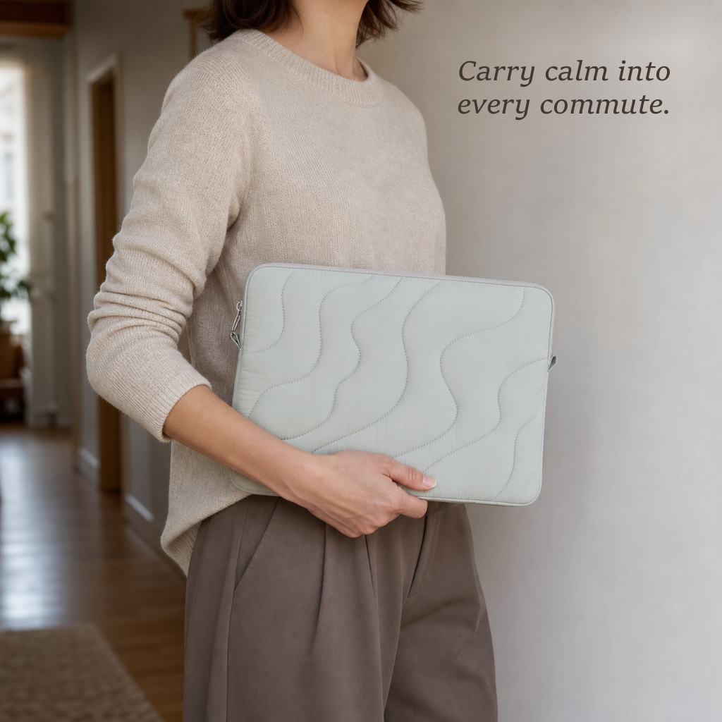 TerraSleeve laptop sleeve in cloud mist, carried under the arm by a woman in a cream knit sweater in a bright sunlit hallway.