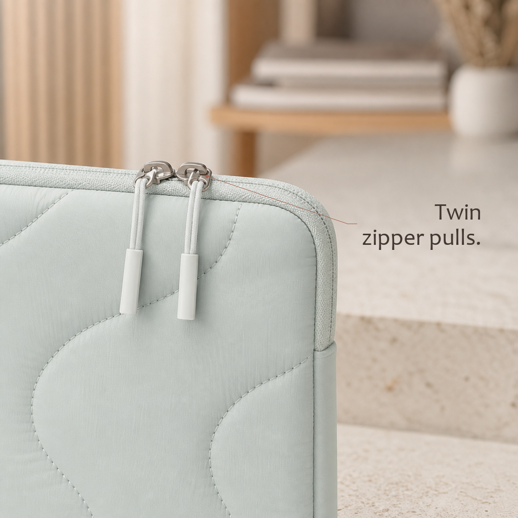 TerraSleeve laptop sleeve in cloud mist, close-up of the twin zipper pulls with white cord tips on the soft quilted fabric.