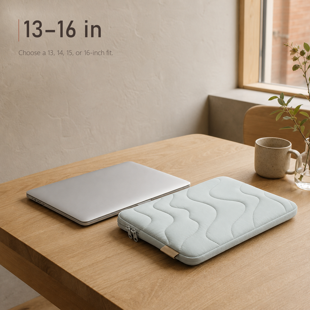 TerraSleeve laptop sleeve in cloud mist, laid beside a silver laptop on a wooden table beside a mug, showing the 13-16 in fit.