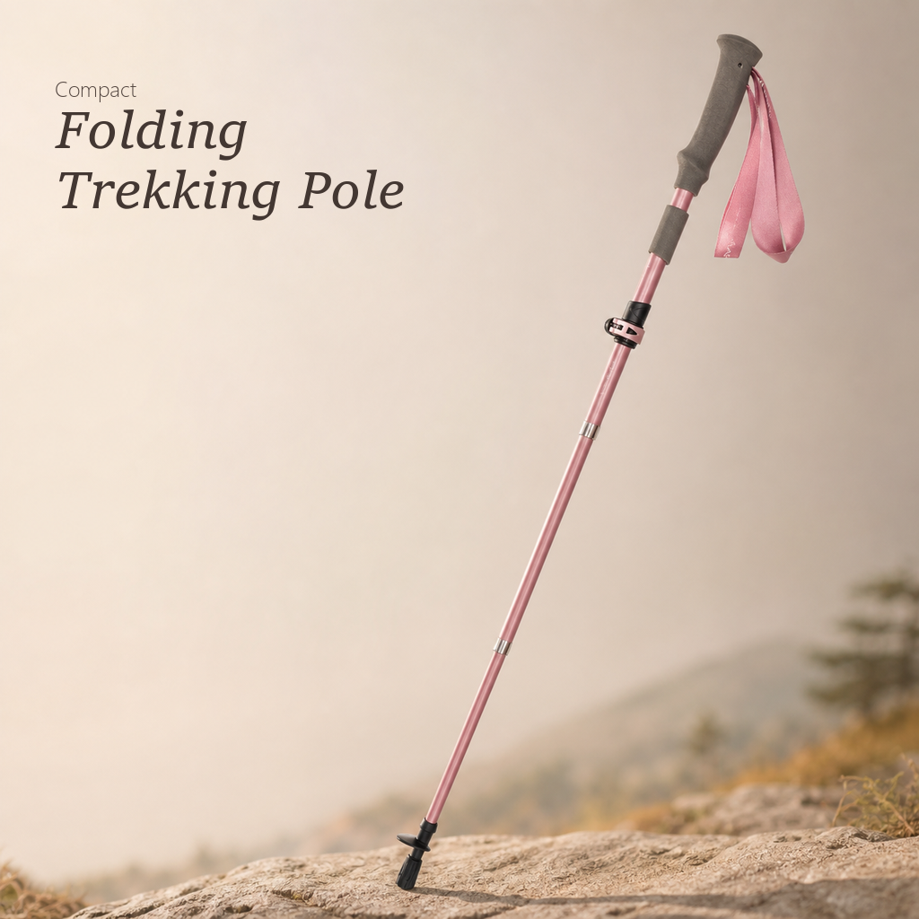Thumb flipping the metal locking lever on a TrailLink pearl pink trekking pole to secure its length.